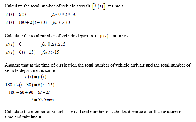 Calculate the total number of vehicle arrivals [?(t)] at time t. 1 (t) 6xt 2(t) 180+2(t-30) ,6rt>30 for0 Sts30 Calculate the