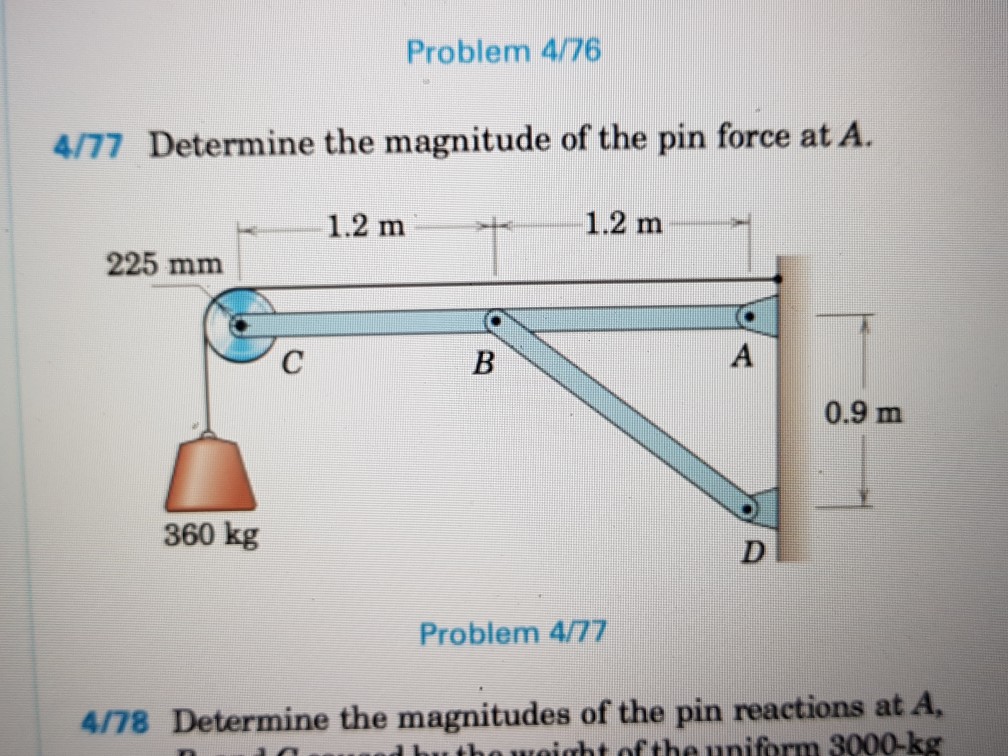 Problem 4/76 4/77 Determine the magnitude of the pin force at A. 1.2 m 1.2 m 225 mm 0.9 m 360 kg Problem 4/77 4/78 Determine the magnitudes of the pin reactions at A aburhoweight ofthe uniform 3000-kg