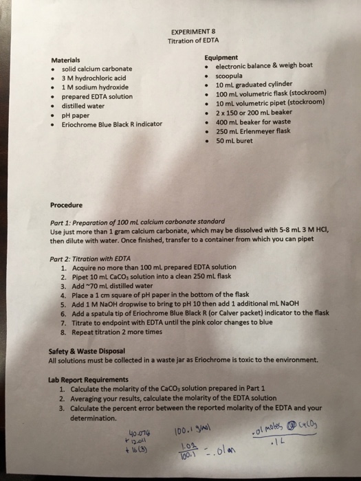 Titration Of Edta Lab Report 1 Calculate The Molar Chegg Com