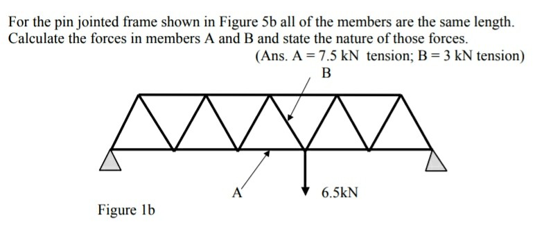 For the pin jointed frame shown in Figure 5b all of the members are the same length. Calculate the forces in members A and B and state the nature of those forces. (Ans. A = 7.5 kN tension: B = 3 kN tension) 6.5kN Figure 1b