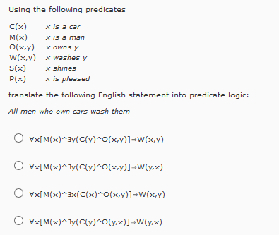 Solved Using The Following Predicates C X X Is A Car M X Chegg Com