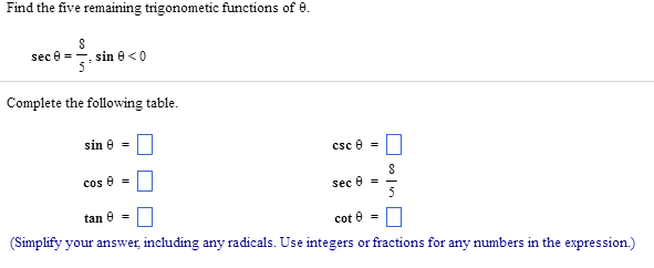 Solved Find The Five Remaining Trigonometric Functions Of