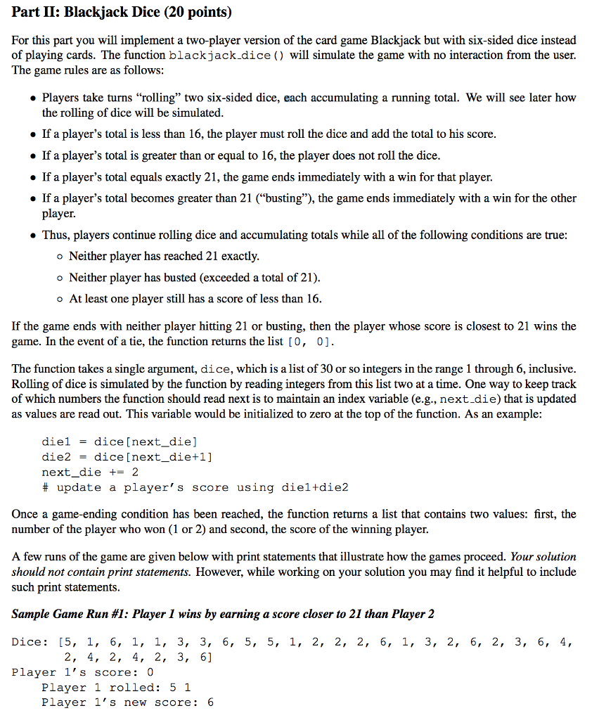 Solved Part Ii Blackjack Dice Points For This Part Chegg Com