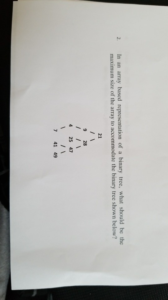 2. In an array based representation of a binary tree, what should be the maximum size of the array to accommodate the binary tree shown below? 21 9 28 1 4 25 47 7 41 49