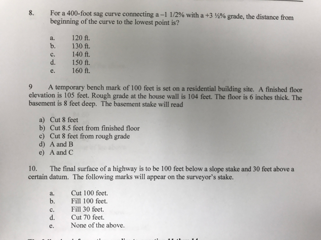 Solved For A 400 Foot Sag Curve Connecting A 1 1 2 With