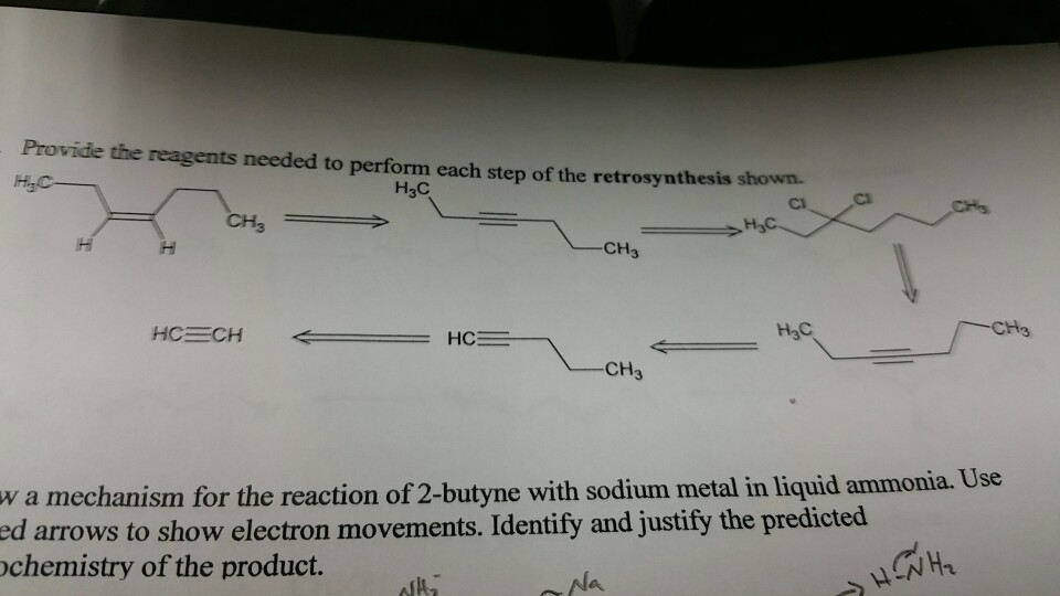Provide the reagents needed to perform each step of the retrosynthesis shown. H3C CI CH3 -CH3 3 CH3 a mechanism for the reaction of 2-butyne with sodium metal in liquid ammonia. Use arrows to show electron movements. Identify and justify the predicted w ed chemistry of the product. H1 Na