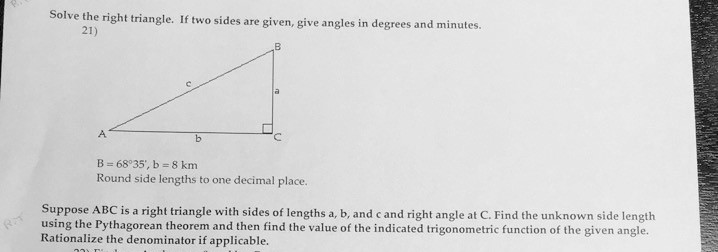 Solved Solve the right triangle. If two sides are given