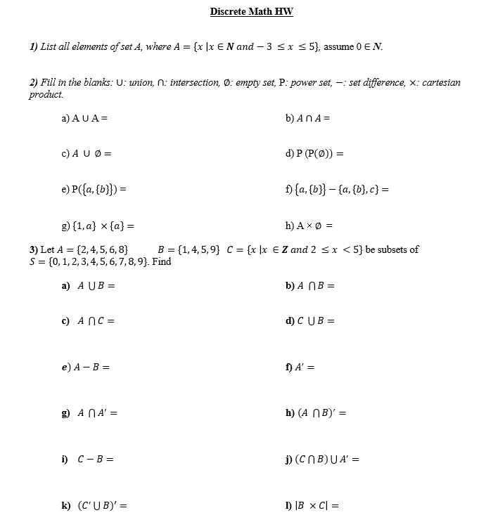 Discrete Math Hw 1 List All Elements Ofset A Where Chegg Com