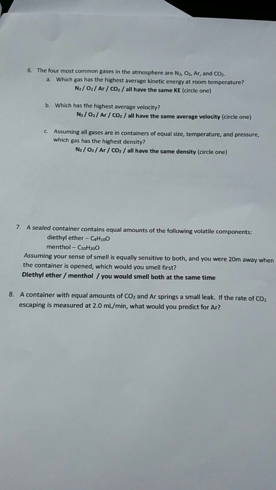 Solved 6 The Four Most Common Gases In The Atmosphere Ar