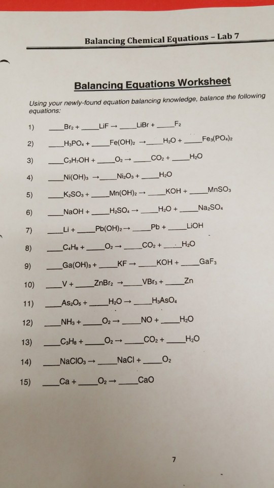 Solved Balancing Chemical Equations Lab 7 Balancing Equ Chegg Com