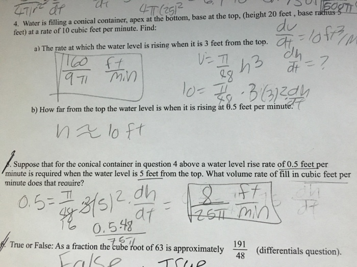 Solved 4 Water Is Filling A Conical Container Apex At The Chegg Com