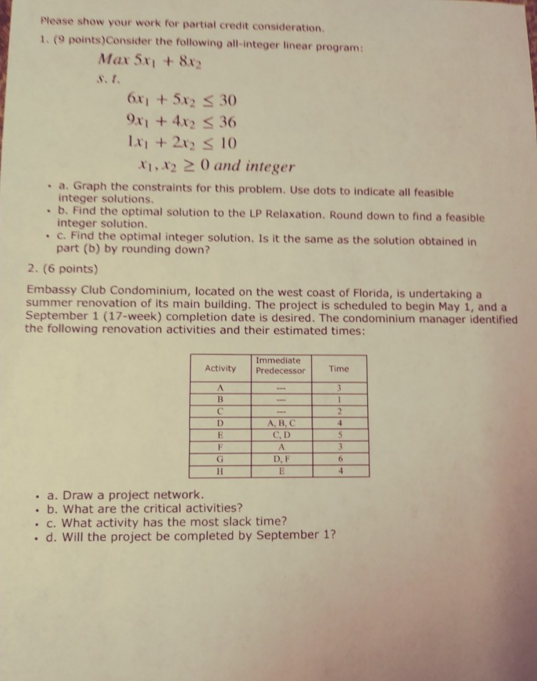 Please show your work for partial credit consideration. 1. (9 points)Consider the following all-integer linear program: óxi +52 s 30 9x1 +42 s 36 li +2 s 10 ti,2 20 and integer . a. Graph the constraints for this problem. Use dots to indicate all feasible integer solutions. . b. Find the optimal solution to the LP Relaxation. Round down to find a feasible integer solution . c. Find the optimal integer solution. Is it the same as the solution obtained in part (b) by rounding down? 2. 

<div class=