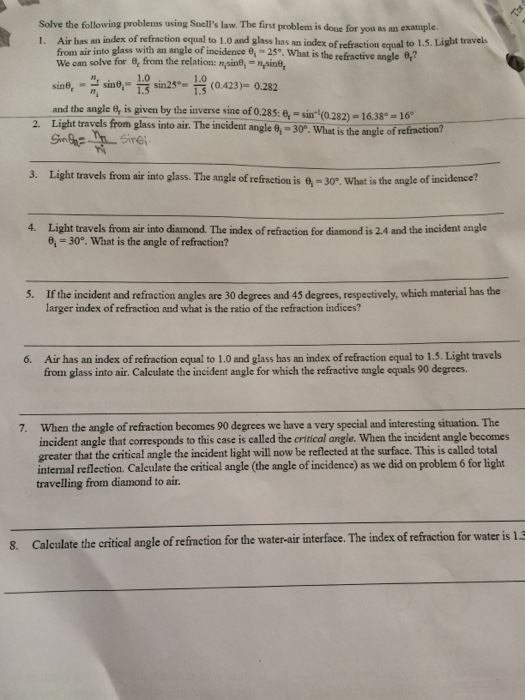 Solved: Solve The Following Problems Using Snell's Law. Th ...