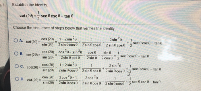 Solved Establish The Identity Cot 2 Theta 1 2 Sec The Chegg Com