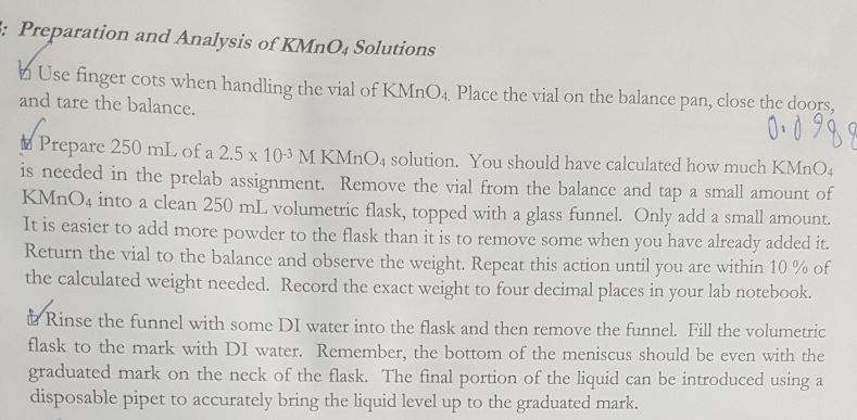 Question & Answer: Part 3 3.1. Calculate the molarity of your initial KMnO4 solution as well as t uncertainty due to..... 1