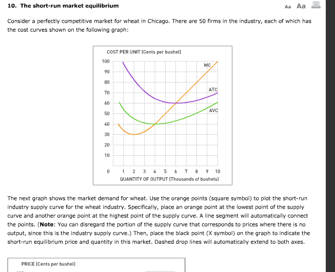 10. The short-run market equilibrium Consider a perfectly competitive market for wheat in Chicago. There are 50 firms in the industry, each of which has the cost curves shown on the following graph: COST PER UNIT (Cents per bushell MC 90 80 70 60 50 40 30 20 ATC AVC QUANTITY OF OUTPUT (Thousands of bushels] The next graph shows the market demand for wheat. Use the orange points (square symbol) to plot the short-run industry supply curve for the wheat industry. Specifically, place an orange point at the lowest point of the supply curve and another orange point at the highest point of the supply curve. A line segment will automatically connect the points. (Note: You can disregard the portion of the supply curve that corresponds to prices where there is no output, since this is the industry supply curve.) Then, place the black point (X symbol) on the graph to indicate the short-run equilibrium price and quantity in this market. Dashed drop lines will automatically extend to both axes. PRICE (Cents per bushell