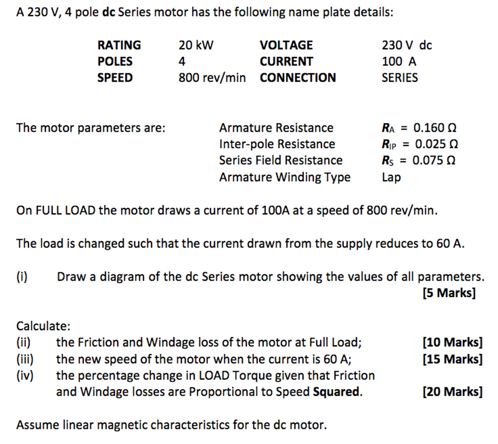 Solved (4 pts) A 10 hp, 230 V DC motor has a nominal