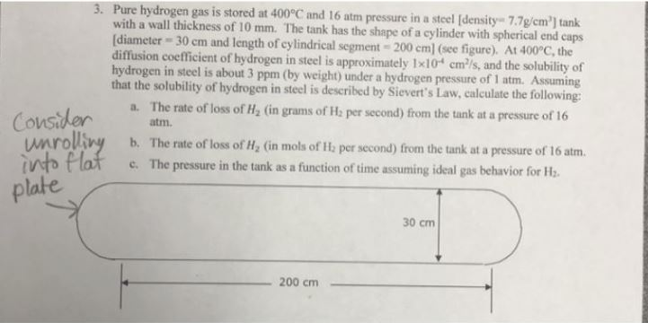 solved 3 pure hydrogen gas is stored