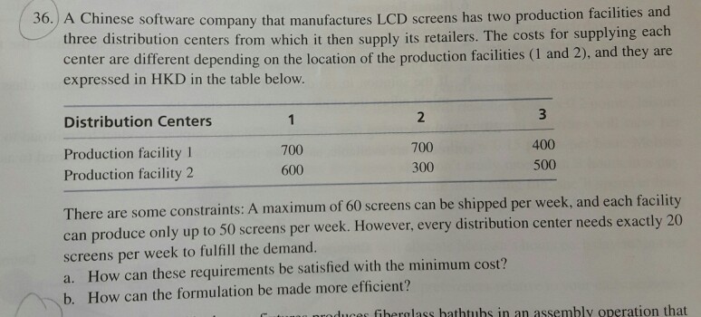 36. A Chinese software company that manufactures LCD screens has two production facilities three distribution centers from which it then supply its retailers. The costs for supplying each center are different depending on the location of the production facilities (I and 2), and they are expressed in HKD in the table below Distribution Centers 2 Production facility1 Production facility 2 700 600 700 300 400 500 There are some constraints: A maximum of 60 screens can be shipped per week, and each can produce only up to 50 screens per week. However, every distribution center needs screens per week to fulfill the demand. a. How can these requirements be satisfied with the minimum cost? b. How can the formulation be made more efficient? exactly 20 duces fherglass hathtubs in an assembly operation that