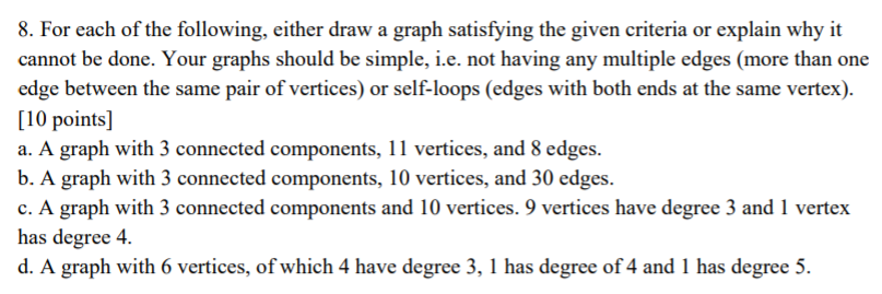 8. For each of the following, either draw a graph satisfying the given criteria or explain why it cannot be done. Your graphs should be simple, i.e. not having any multiple edges (more than one edge between the same pair of vertices) or self-loops (edges with both ends at the same vertex) [10 points] a. A graph with 3 connected components, 11 vertices, and 8 edges. b. A graph with 3 connected components, 10 vertices, and 30 edges. c. A graph with 3 connected components and 10 vertices.9 vertices have degree 3 and 1 vertex has degree 4. d. A graph with 6 vertices, of which 4 have degree 3, I has degree of 4 and 1 has degree 5.