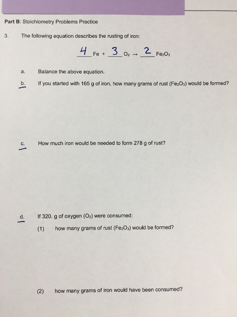 Solved Part B: Stoichiometry Problems Practice 3. The | Chegg.com