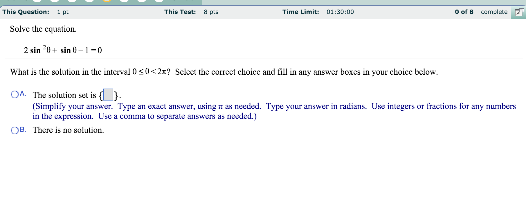 Solve The Equation 2 Sin 2 Theta Sin Theta 1 0 Chegg 