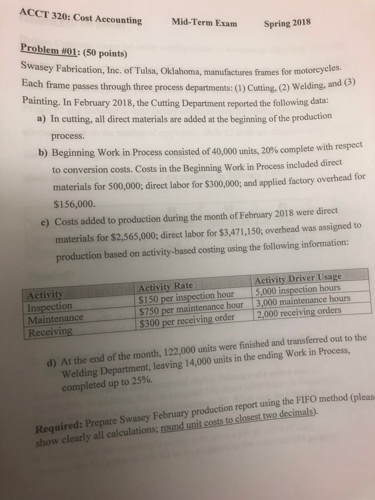 Accounting Exam ACCT ... Solved: Cost 320: Mid-Term Spring 201