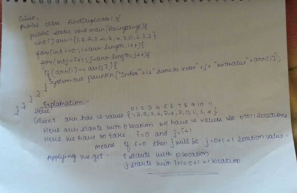 Question & Answer: 2 cublic class FindDuplicate t 4 public static void main(Stringl args) t intO arr (1, 2, 2, 3, 4, 2, 4, 3, 0, 5, 3, 2; for Cint t - 0; ie..... 1
