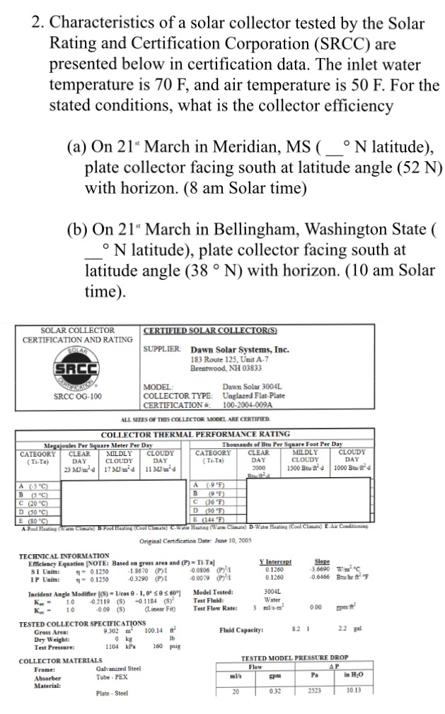 Characteristics Of A Solar Collector Tested By The Chegg Com
