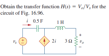 Solved Obtain The Transfer Function H S Vo Vs For The Chegg Com