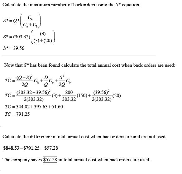 Calculate the maximum number of backorders using the S* equation: C+C 033 +20) S*- 39.56 Now that S* has been found calculate