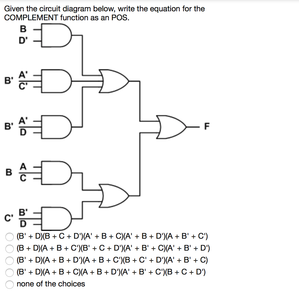 Given the circuit diagram below, write the equation for the COMPLEMENT function as an POS
