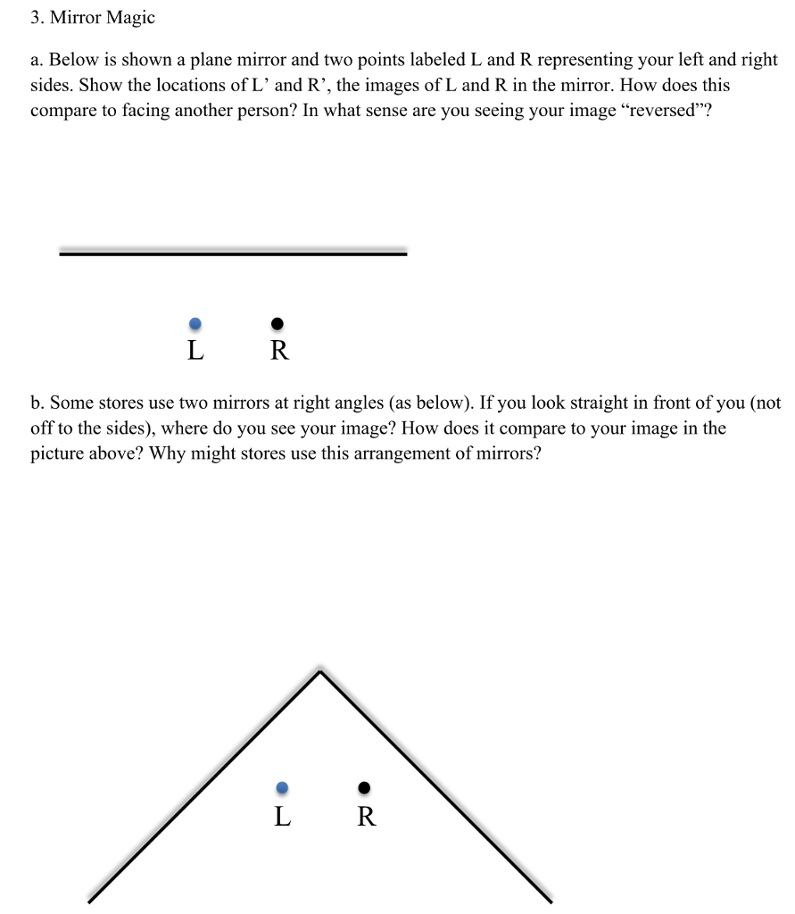 3. Mirror Magic a. Below is shown a plane mirror and two points labeled L and R representing your left and right sides. Show the locations of L and R, the images of L and R in the mirror. How does this compare to facing another person? In what sense are you seeing your image reversed b. Some stores use two mirrors at right angles (as below). If you look straight in front of you (not off to the sides), where do you see your image? How does it compare to your image in the picture above? Why might stores use this arrangement of mirrors? L R