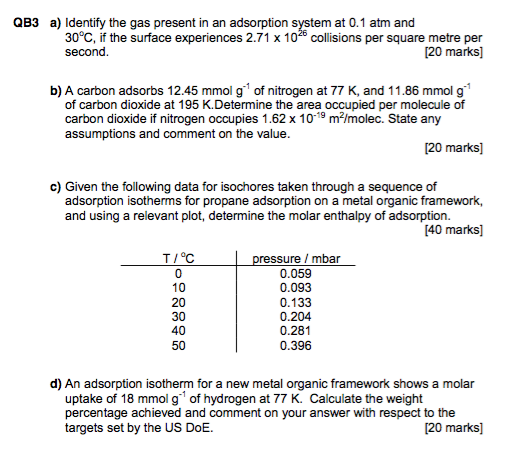 Qb3 A Identify The Gas Present In An Adsorption System At 0 1 Atm And Surface Qb3 A Identify The Gas Present In An Adsorption System At 0 1 Atm And Surface