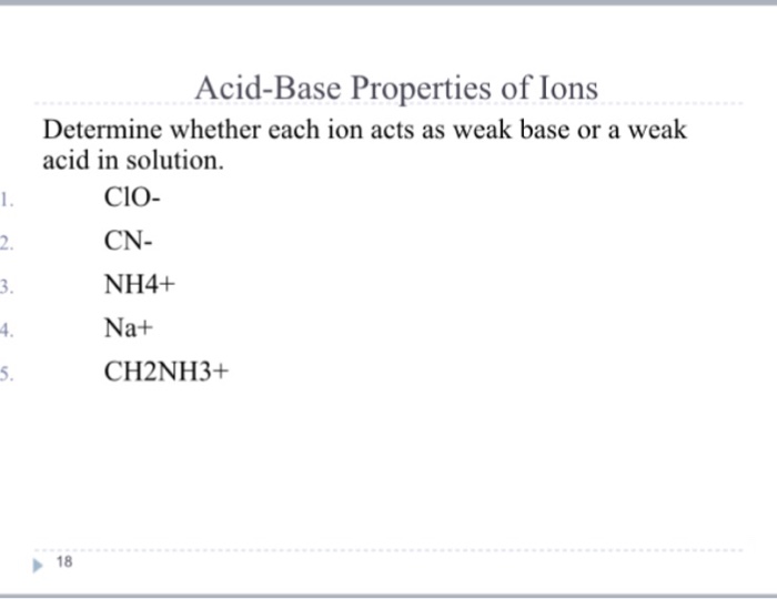 Solved Determine Whether Each Ion Acts As Weak Base Or A Chegg Com