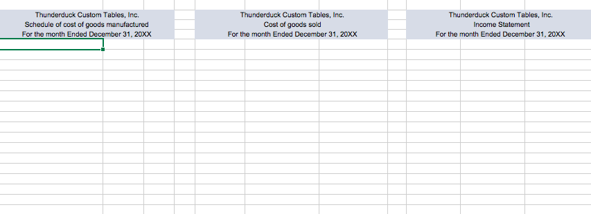 Thunderduck Custom Tables, Inc. Schedule of cost of goods manufactured For the month Ended December 31, 20XX Thunderduck Custom Tables, Inc. Cost of goods sold For the month Ended December 31, 20XX Thunderduck Custom Tables, Inc. Income Statement For the month Ended December 31, 20xx