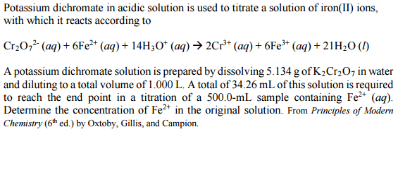 A different brand of iron tablet was analysed by Hitration with 0.0093  mol.L potassium dichromate via the 