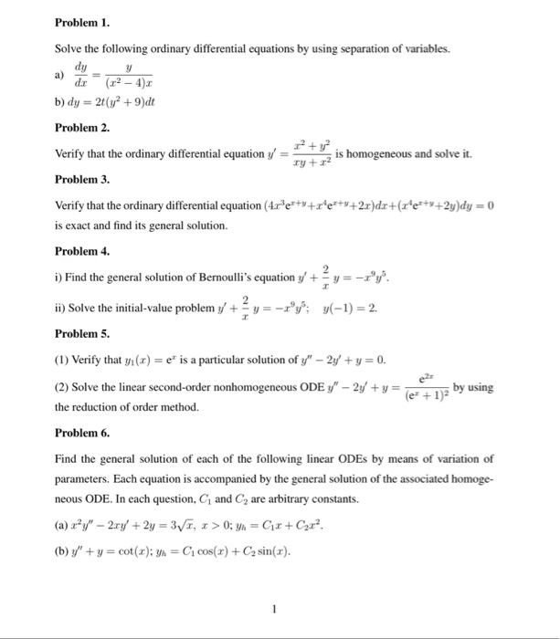 Solved Solve The Following Ordinary Differential Equations Chegg Com