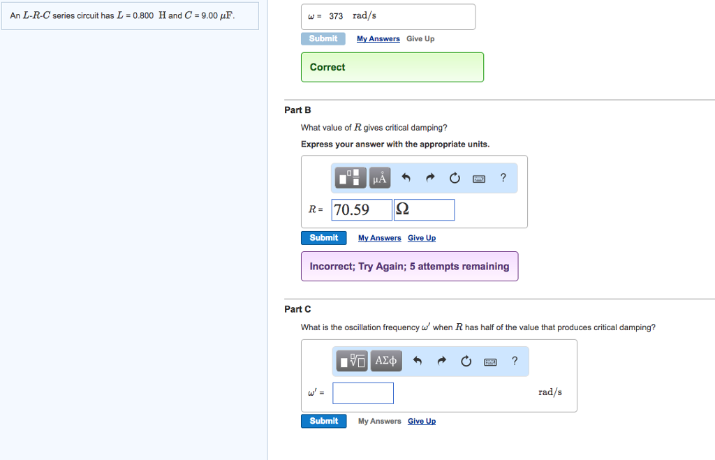 Solved An L R C Series Circuit Has L 0 800 H And C 9 Chegg Com
