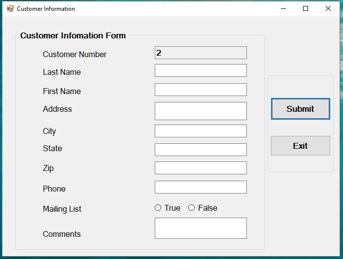 Customer Information Customer Infomation Form 2 Customer Number Last Namee First Name Address Submit City State Zip Phone Exi