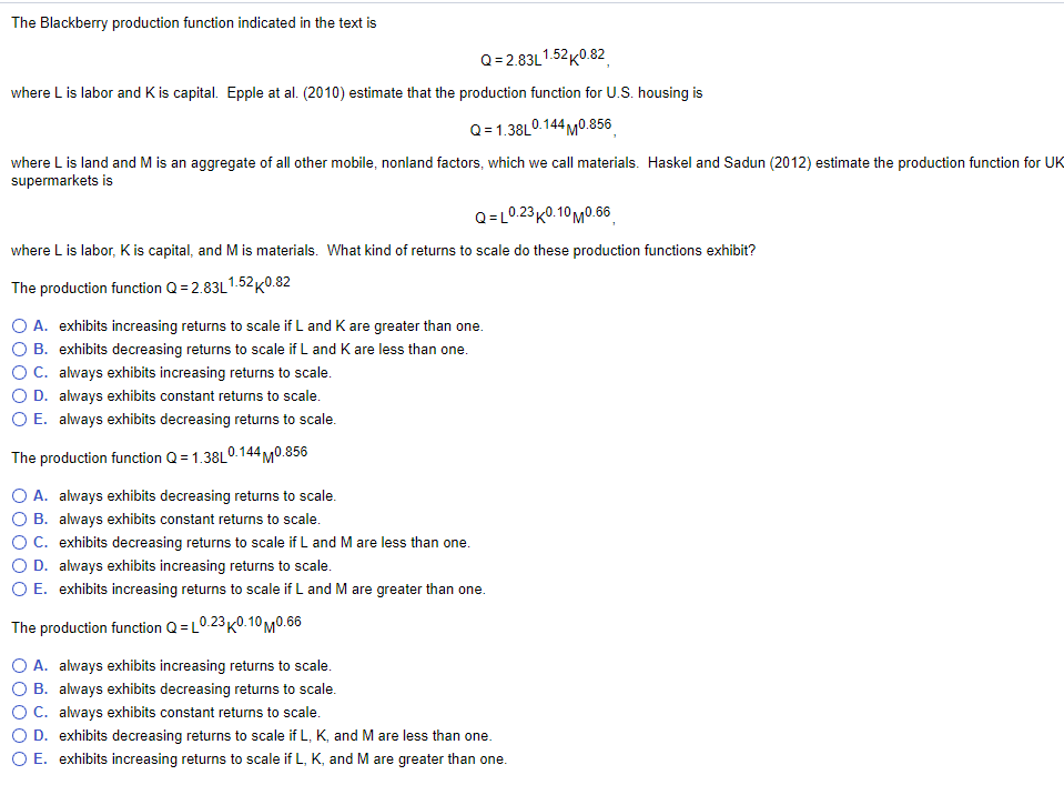 Solved The Blackberry Production Function Indicated In Th Chegg Com