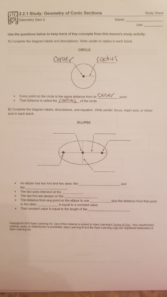 2 2 1 Study Geometry Of Conic Sections Geometry Sem Chegg 