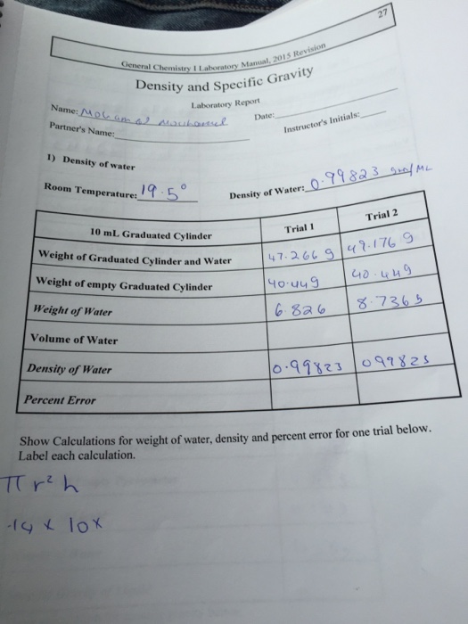 Solved Density Of Water Room Temperature Density Of Wate