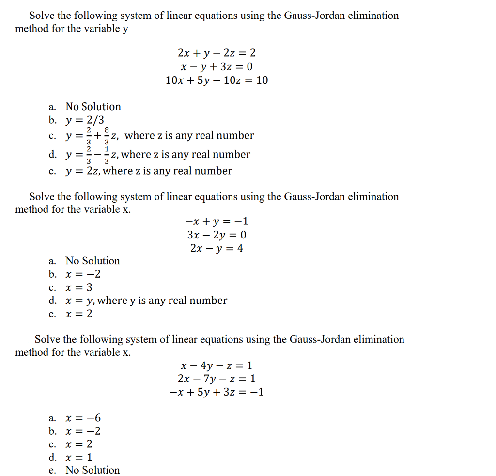 Solved I Solve The Following System Of Linear Equations U Chegg Com