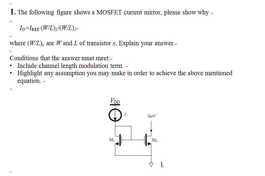 Solved The Following Figure Shows A Mosfet Current Mirror Chegg Com