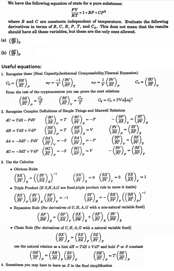 We Have The Following Equation Of State For A Pure Chegg Com