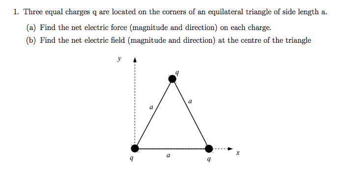 1. Three equal charges q are located on the corners of an equilateral triangle of side length a. (a) Find the net electric force (magnitude and direction) on each charge. (b) Find the net electric field (magnitude and direction) at the centre of the triangle