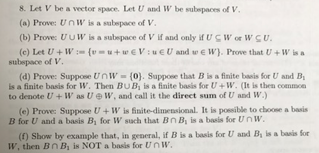 Solved Let V Be A Vector Space Let U And W Be Subspaces Of Chegg Com