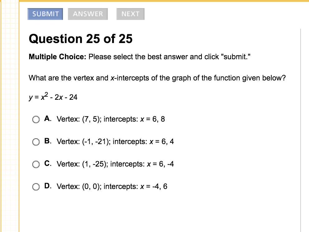 Solved What Are The Vertex And X Intercepts Of The Graph Of Chegg Com