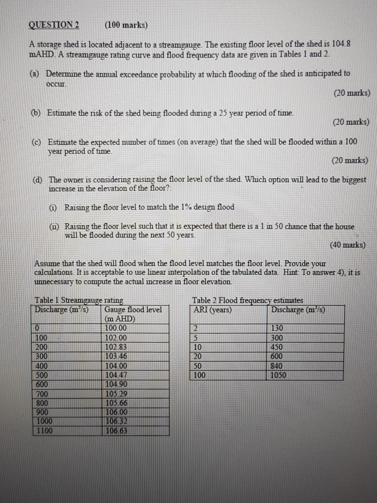 Solved Question 2 100 Marks A Storage Shed Is Located A